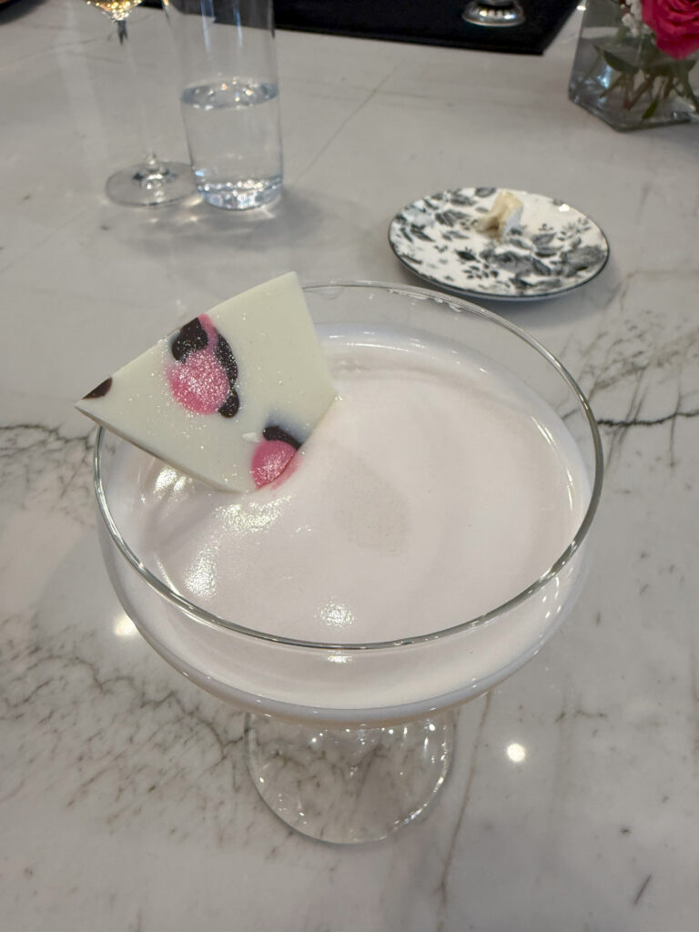 leopard chocolate garnish in a cocktail