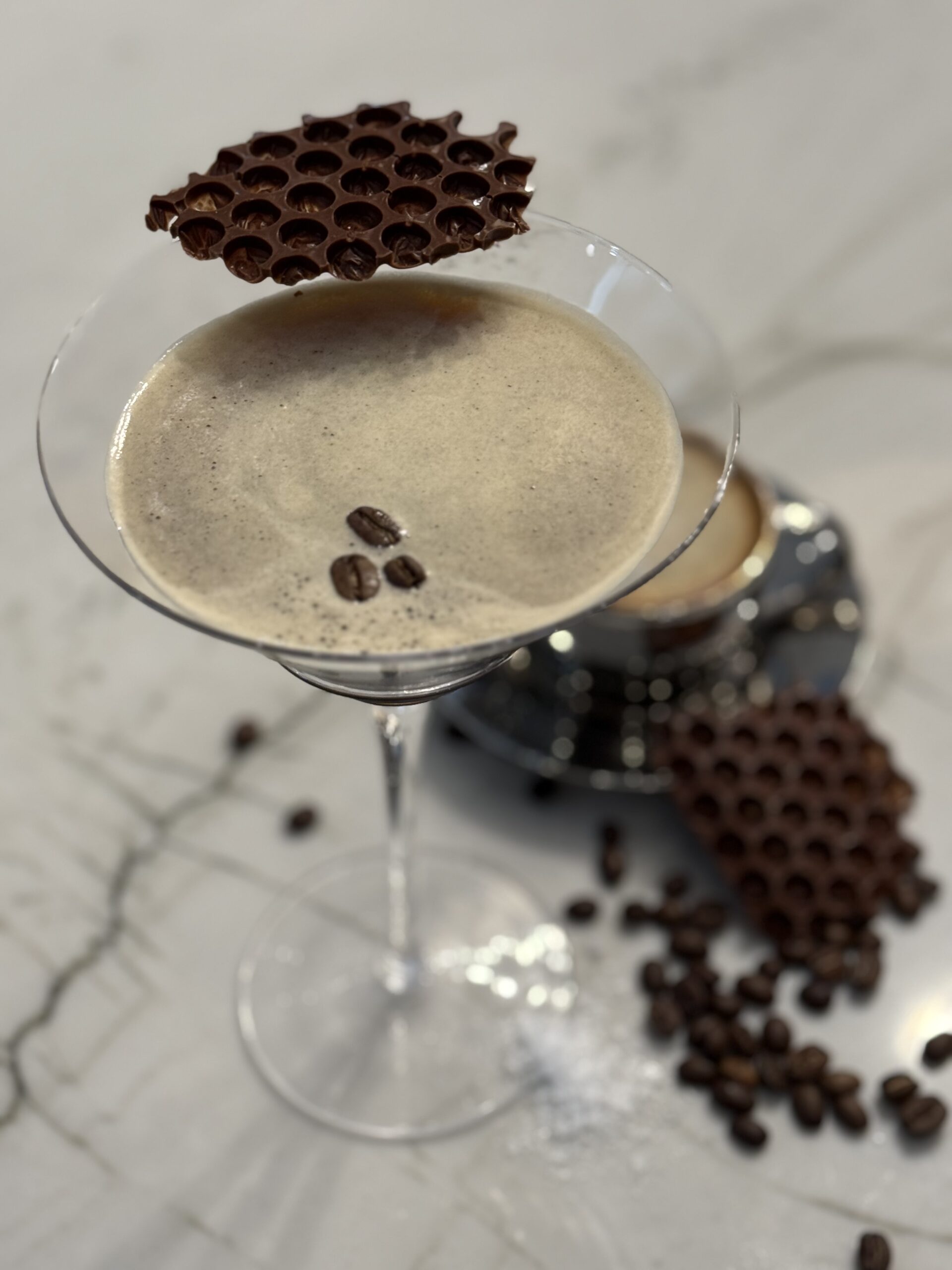 Chocolate bubble wrap cocktail garnish on a tequila espresso martini