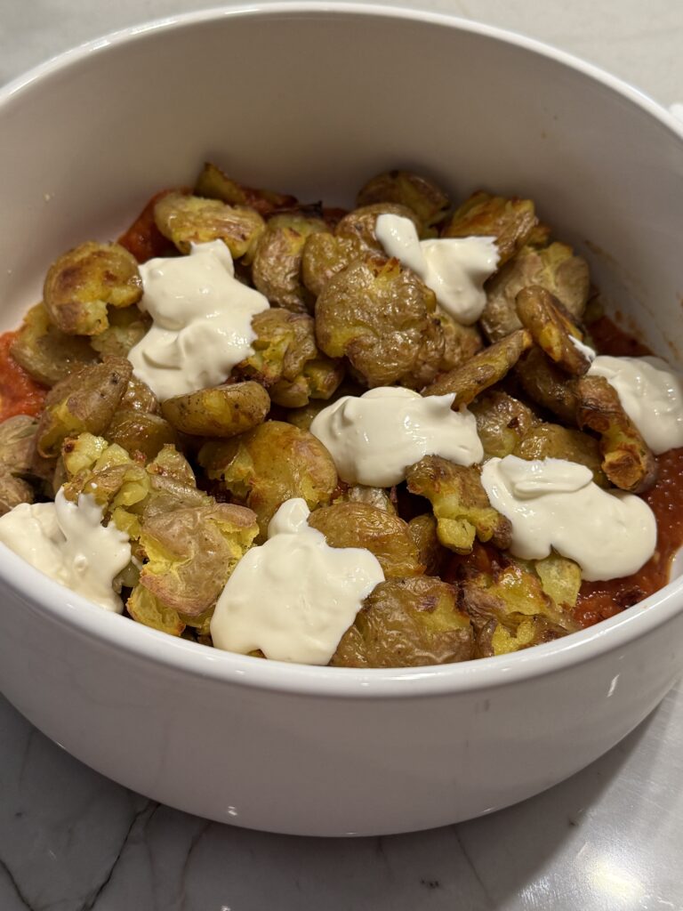 Crispy Potatoes with Salsa Rosa and Salsa Bianca