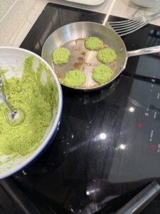 cooking pea pancakes