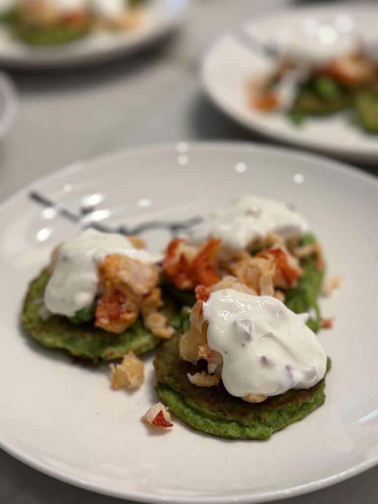 sweet pea pancakes with crab and creme fraiche